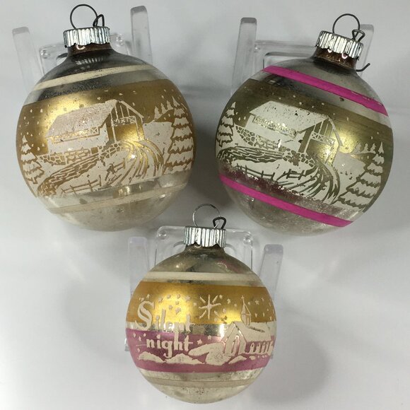 3 Vintage Shiny Brite Christmas Glass Ornaments Silent Night Covered Bridge Barn